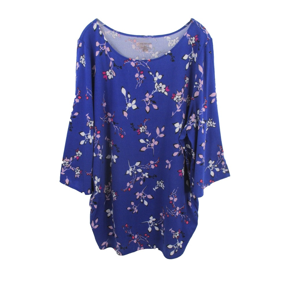 LANE BRYANT Pullover Tunic Sweater Women 26/28 Blue Floral Stretch Cottage Core